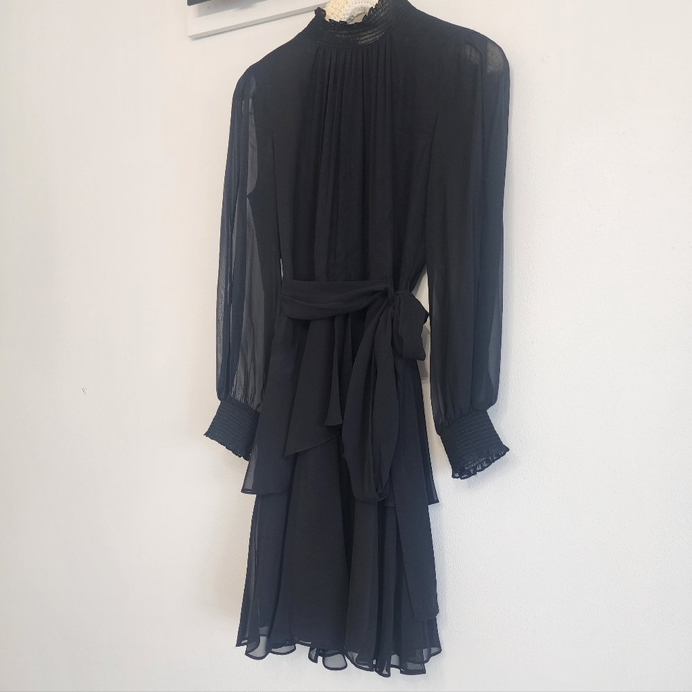 Womens Black Chiffon Tiered Mock Neck Split Sleeve Dress Rosalia By Alex Marie - Picture 4 of 15